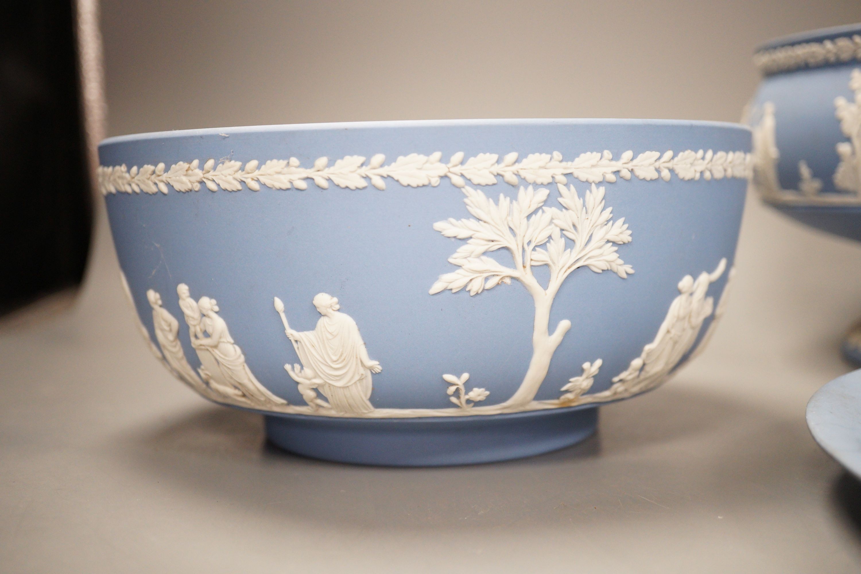 A Wedgwood blue jasper dish, bowl and footed bowl